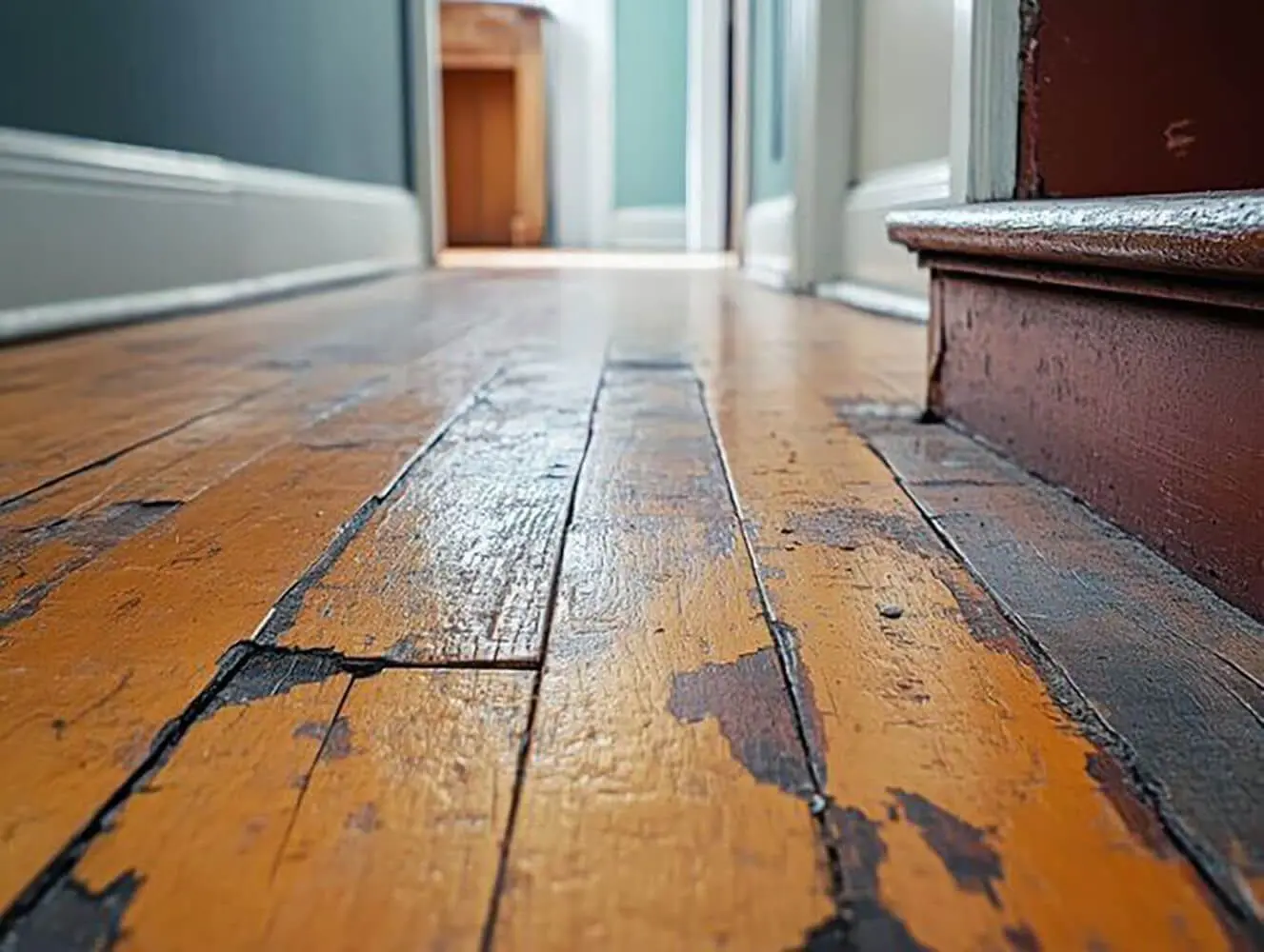 Worn hardwood floor boards showing damaged finish in a residential hallway