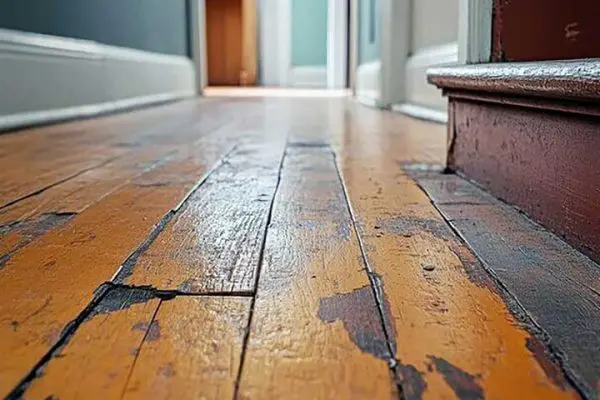 low-angle view of worn hardwood hallway flooring with peeling, damaged finish, showing the surface condition prior to professional buffing and coating