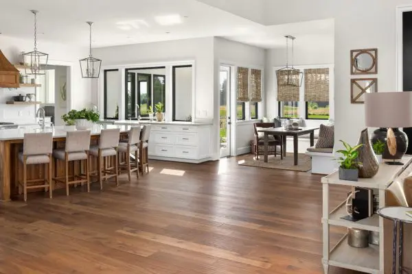 a wide-plank hardwood floor in a sunlit, open-concept kitchen and living area, showcasing the results of proper hardwood floor maintenance and care