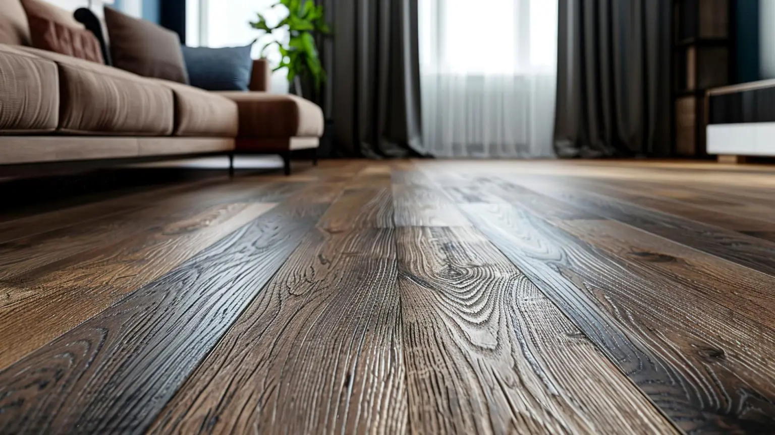 a low-angle, close-up shot emphasizing the heavily textured wood grain and rich brown tones of newly completed hardwood flooring replacement in a modern living room setting
