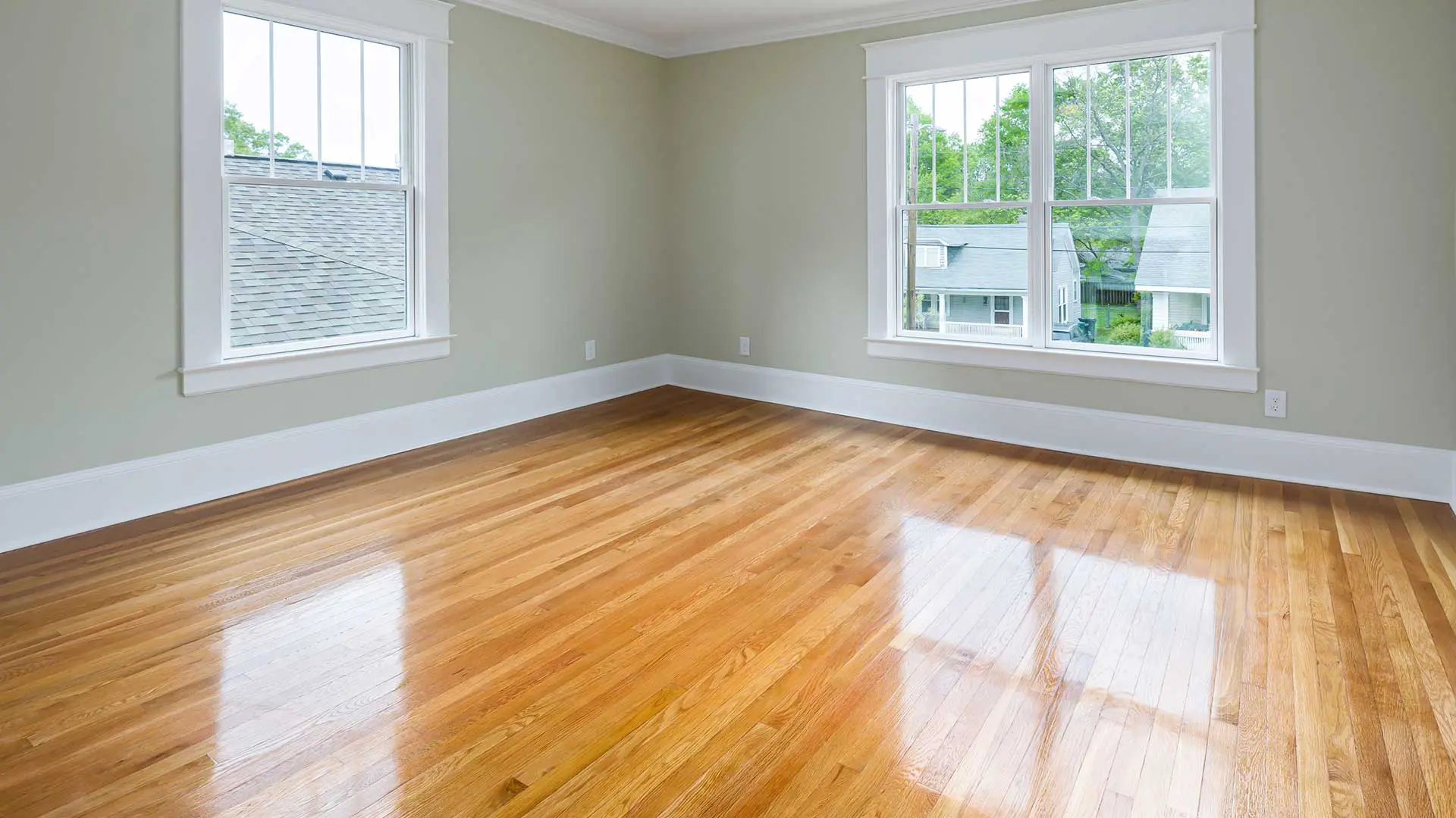 empty room with light olive walls and polished, glossy hardwood flooring