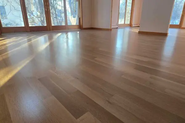 natural sunlight highlighting the clean lines and satin finish of newly restored light oak floors in a revere ma home