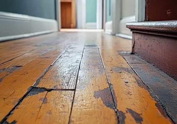 Worn hardwood floor boards showing damaged finish in a residential hallway